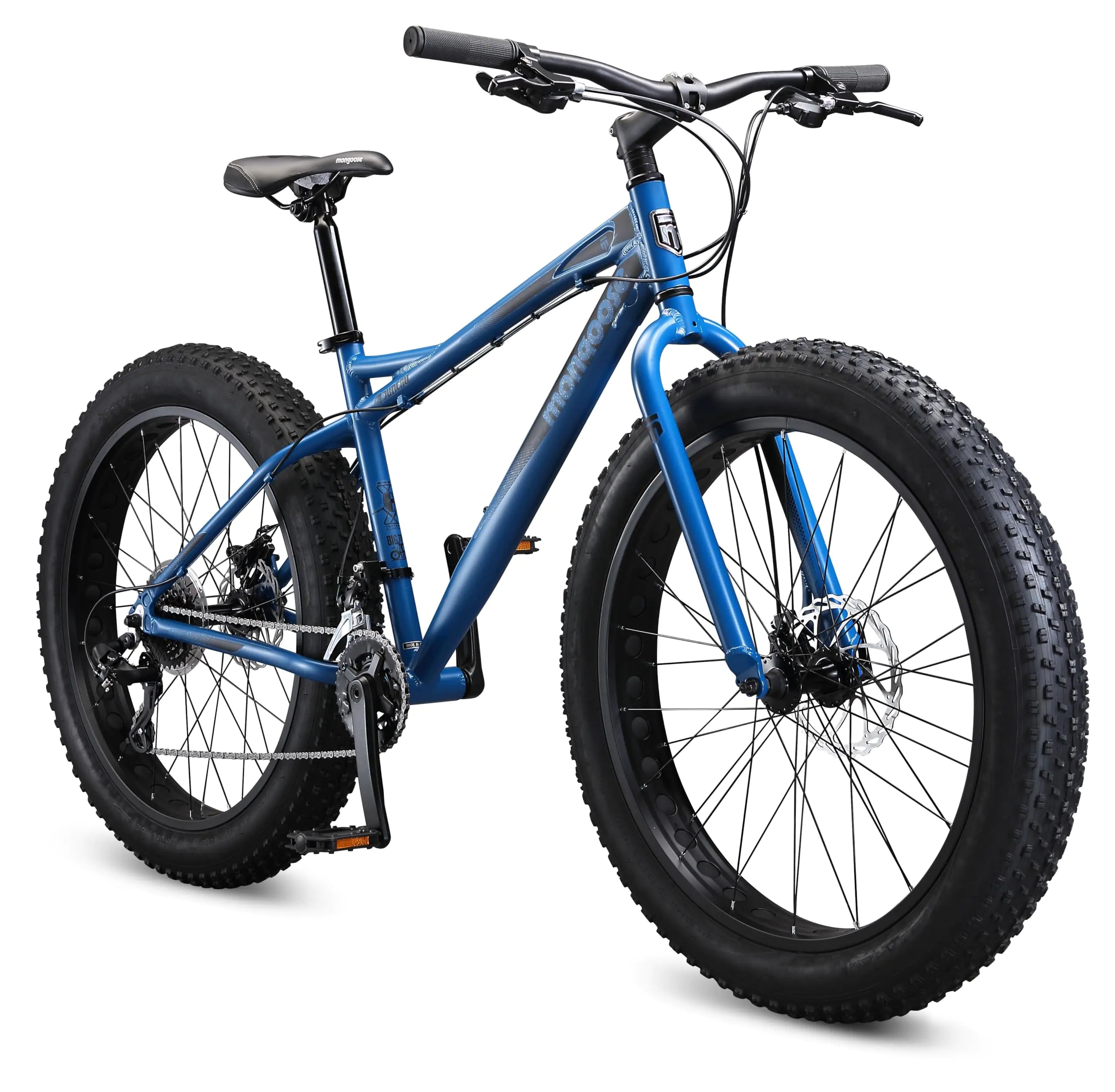 Mongoose Men and Womens Fat Tire Mountain Bike 26x4-Inch Big Fat Wheels 16-Speed Trigger Shifters Adult Aluminum Mountain Frame Blue